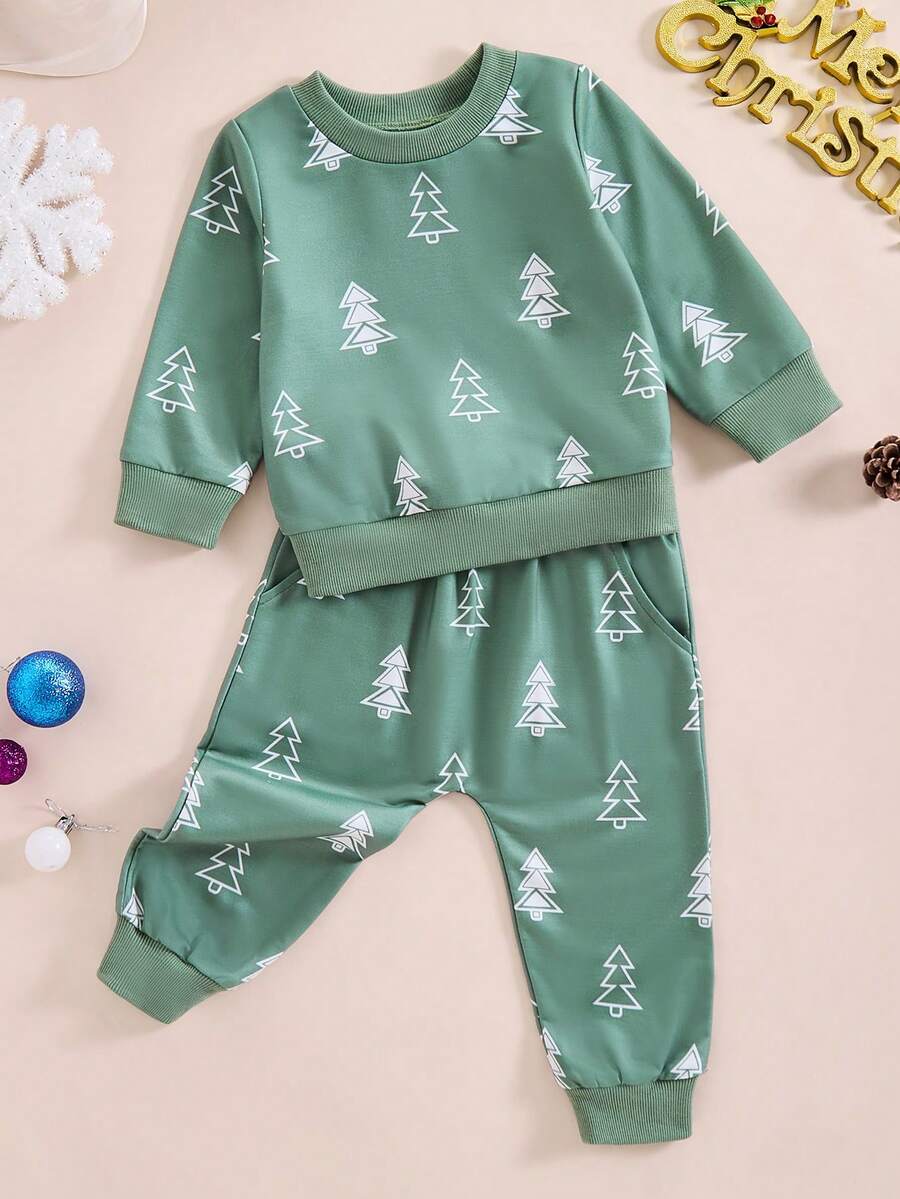 Amababa 2pcs/Set Boys' Pine Tree Print Round Neck Top And Matching Pants Set - Green - View 1