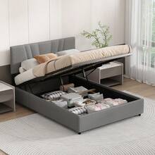 Wooden Bed Frame For Children, Adolescents And Adults, Tufted Headboard, Upholstered Queen Bed Frame With Lifting Storage Space - 灰色 - 查看 2