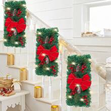 1pc Christmas Red Rattan Bow Pinecone Artificial Flower Wreath With Red Berries And Bow Design, Home Decor For Staircase, Door, Window Decoration - Christmas Staircase Wreath - View 14