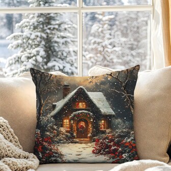1 件圣诞雪小屋装饰枕套，单面印花桃绒材质，45*45/50*50/40*40CM 靠垫套适用于现代简约沙发、客厅装饰、派对装饰、礼物