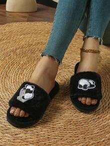 Pantuflas con diseño de panda para mujer, sandalias casuales de casa tipo deslizante, sandalias sencillas de moda con puntera abierta y fácil de poner - Negro - Ver 4
