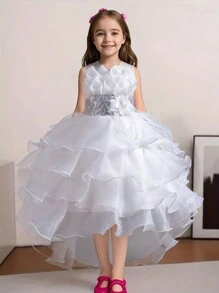 Tween Girl Multilayer Sequins Tulle Dress, Low-High Hem Cocktail Party Princess Gown, Suitable For Wedding,Graduation,All Seasons - White - View 3