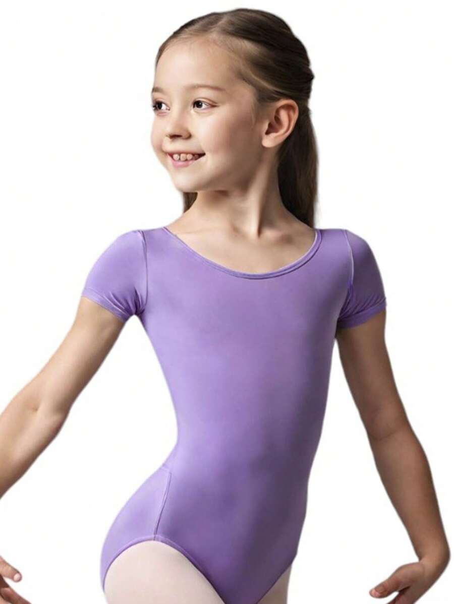 Girls Short Sleeve Cotton Leotard, Ballet Leotard Bodysuit, Sports Gymnastics, Dance And Dancing Without Print Solid Color One-Piece Clothing Clown - 紫羅蘭色 - 查看 1