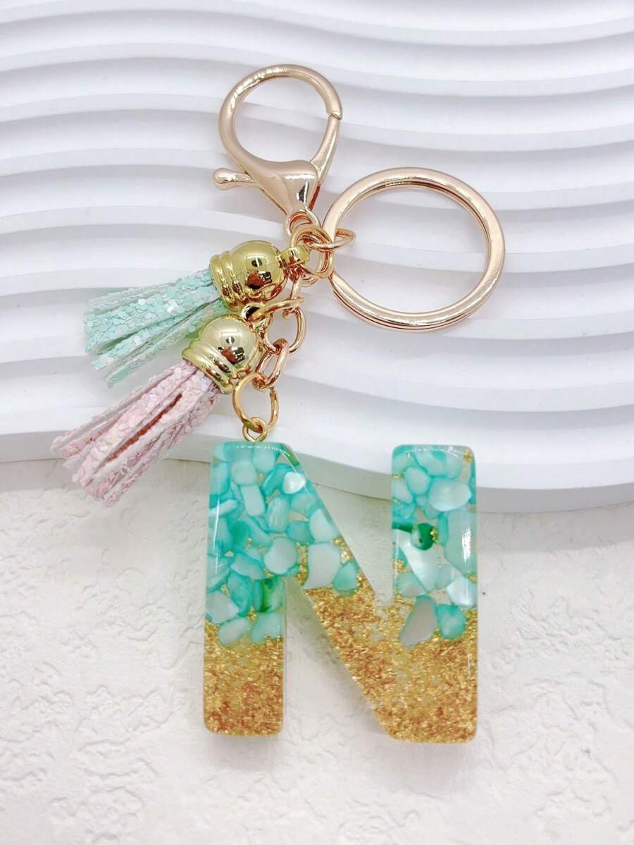 Boho 1pc Women's Shell Stone, Crystal & Tassel Keychain With Glued Letters - Multicolor - View 1