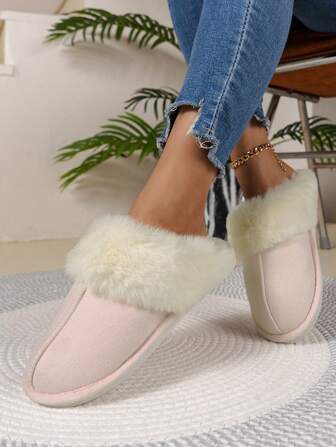 女士舒适防滑耐用仿兔毛拖鞋，仿麂皮