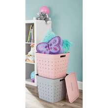 Your Zone Child And Teen Plastic Wide Weave Pink Stacking Storage Bin With Lid, 4 Pack - 粉色 - 查看 2
