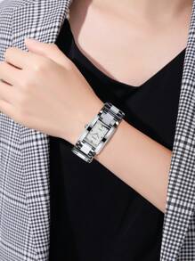 OUPAI 1 chiếc đồng hồ đeo tay nữ mặt chữ nhật, khung bạc, gốm trắng và dây đeo bằng thép, trang trí pha lê thanh lịch, chống nước, đeo hàng ngày và trong các dịp khác - trắng - Xem 1