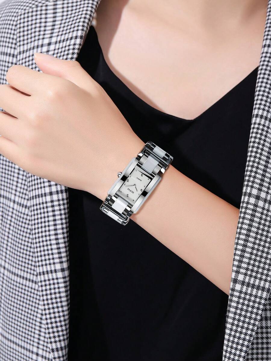 OUPAI 1 chiếc đồng hồ đeo tay nữ mặt chữ nhật, khung bạc, gốm trắng và dây đeo bằng thép, trang trí pha lê thanh lịch, chống nước, đeo hàng ngày và trong các dịp khác - trắng - Xem 1