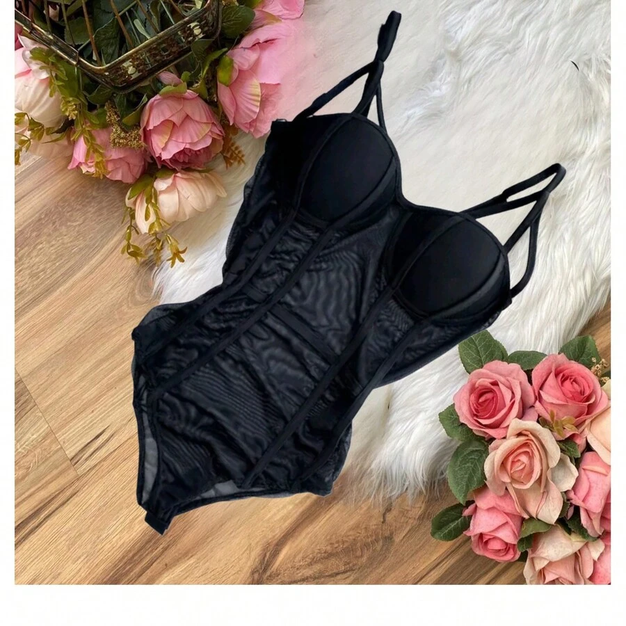 Tulle Bodysuit With Transparent Straps Corset - 黑色 - 查看 1
