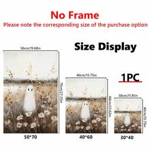 1pc, Canvas Hanging, Vintage Floral Meadow Art Print: Cute Ghost In Autumn Landscape - Home Decor Wall Art, Halloween Decor, Holiday Decor, Ghost Decor