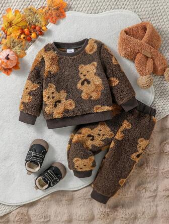 Baby Boy 2pcs Thick Bear Pattern Crew Neck Sweatsuit, Winter