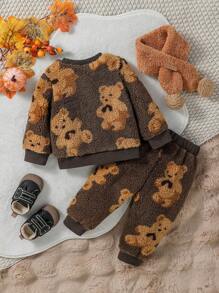 Baby Boy 2pcs Thick Bear Pattern Crew Neck Sweatsuit, Winter - Brown - View 6