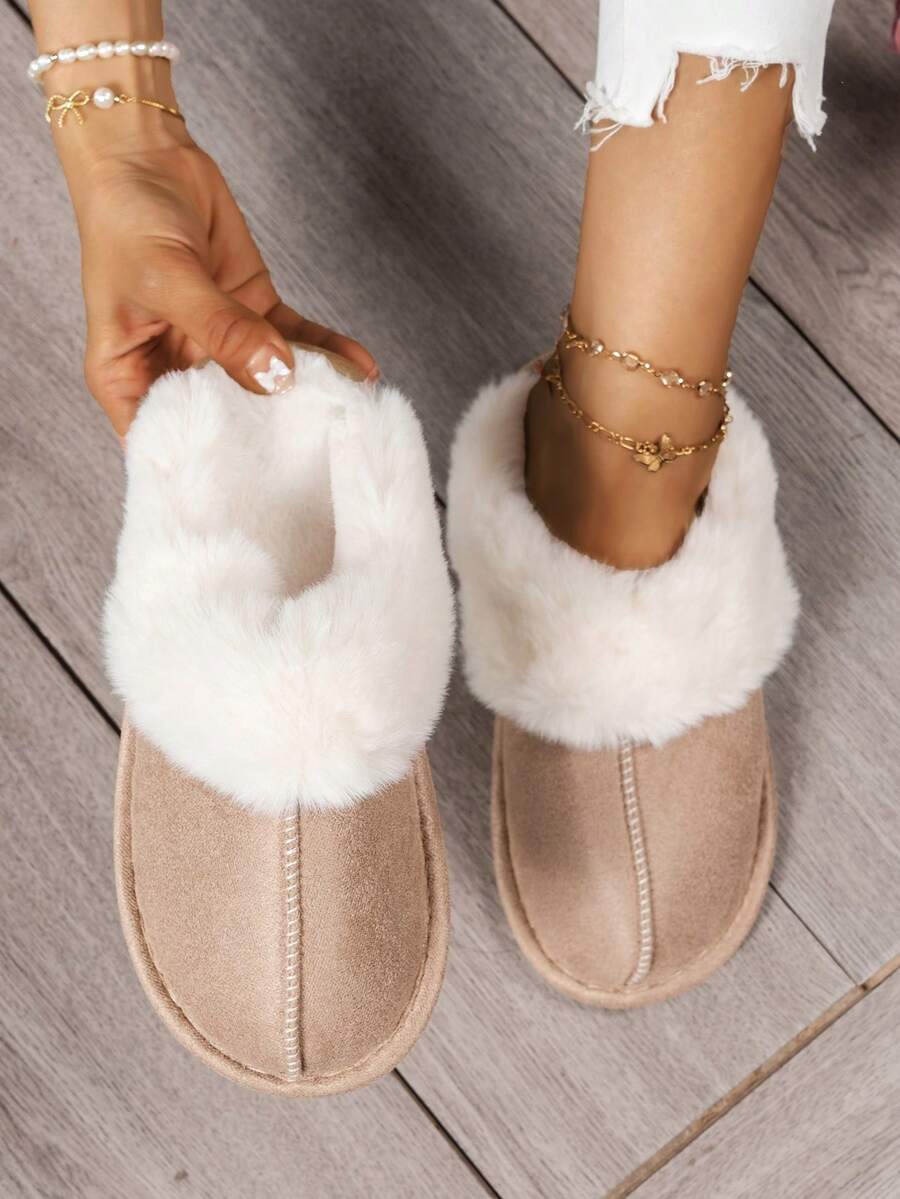 Women's Comfortable Non-Slip Wear-Resistant Faux Rabbit Fur Slide Slippers, Faux Suede