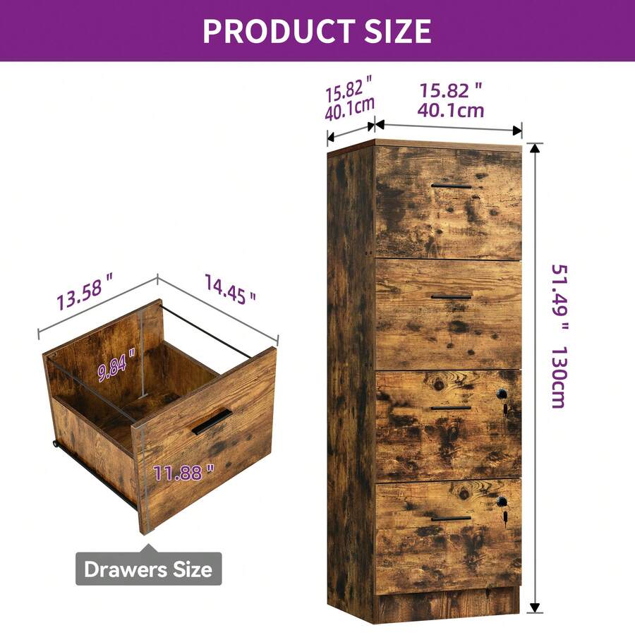 51 Inch 4 Drawer Vertical Deep Filing Wooden File Storage With