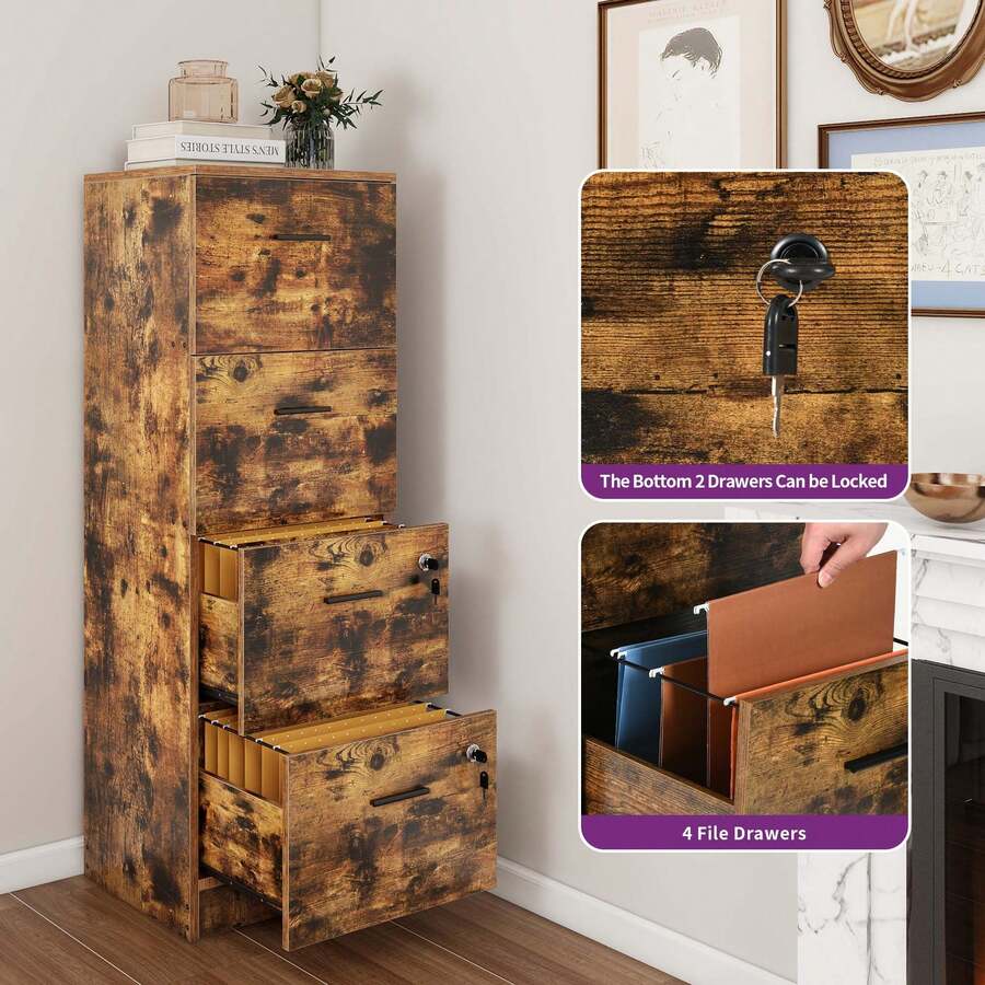 51 Inch 4 Drawer Vertical Deep Filing Wooden File Storage With