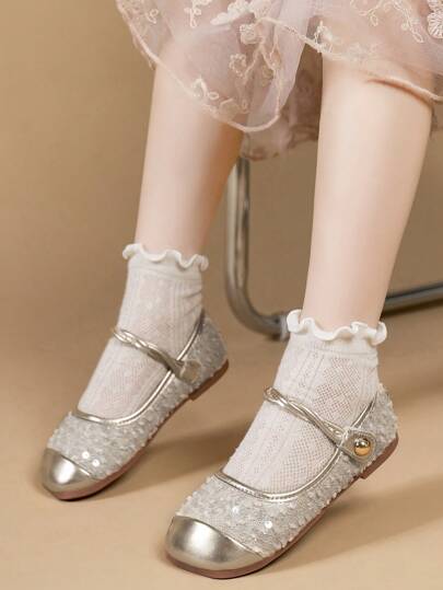 1 Pair Glitter Patchwork Hook And Loop Elegant Girls' Flat Shoes, Suitable For Outdoor Play, All Season Wear