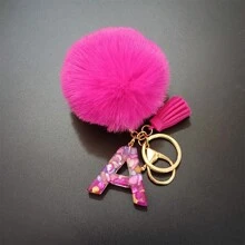 Llavero con pompón de peluche y piedra rosa en forma de letra, decoración para bolso, accesorio de estilo, regalo, recuerdo, accesorio para coche, dije para bolso, accesorios escolares, gótico, Y2K