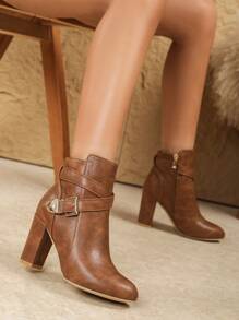 Damen Ankle Boots mit hohem Absatz, für Frühling & Herbst & Winter, mit Schnallen Design, schmale Stiefel, Europäischer & Amerikanischer Stil, spitze Zehenpartie, Schwarz, modisch & vielseitig, Stiefel, elegant & süß, Blockabsatz