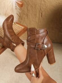 Damen Ankle Boots mit hohem Absatz, für Frühling & Herbst & Winter, mit Schnallen Design, schmale Stiefel, Europäischer & Amerikanischer Stil, spitze Zehenpartie, Schwarz, modisch & vielseitig, Stiefel, elegant & süß, Blockabsatz