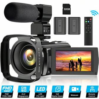 Nicamery 24MP FHD 1080P Video Camera, 16X Digital Zoom, Anti-Shake Camcorder With 3.0 Inch Rotating Screen, Suitable For Vlogging, With Remote Control, 2 Batteries, 32GB SD Card