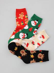 4 Pairs Christmas Reindeer Gingerbread Bread Pattern Women's Crew Socks