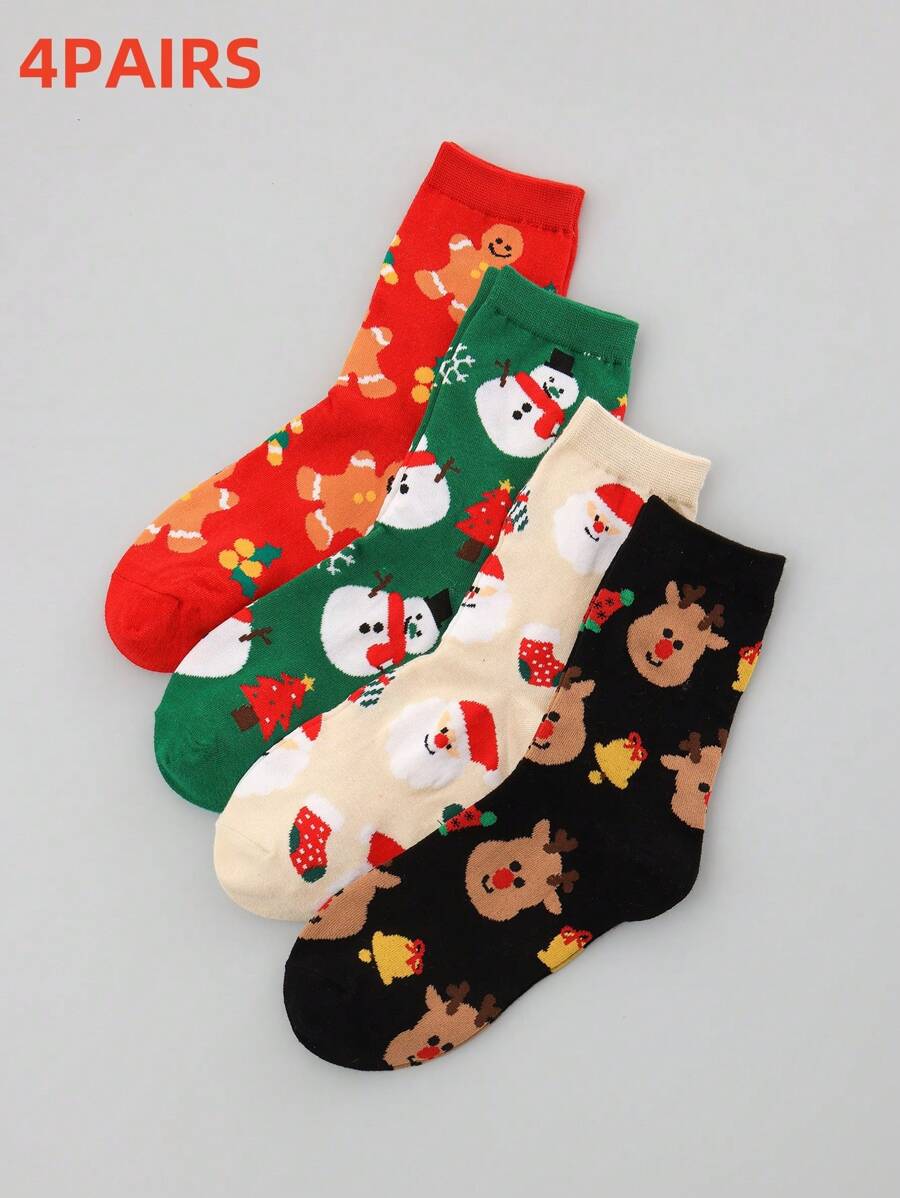 4 Pairs Christmas Reindeer Gingerbread Bread Pattern Women's Crew Socks