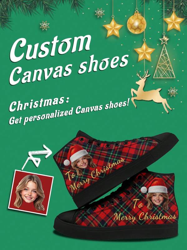 1 par de zapatillas altas personalizadas como regalo de Navidad, zapatillas con foto de gorro de Navidad personalizadas, zapatillas con suela gruesa como regalo de Navidad personalizado, zapatillas de lona de media caña con foto de Papá Noel personalizadas, zapatillas con gorro de Navidad personalizadas, zapatillas personalizadas para mujeres y hombres, zapatillas deportivas y casuales personalizadas, regalo de Navidad para mamá/papá/ella/él/novia/novio/esposa/esposo/amigo