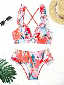 Women's Printed Flounce Shoulder Criss-Cross Back Bikini Summer - Multicolor - View 1