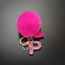 Llavero con pompón de peluche y piedra rosa en forma de letra, decoración para bolso, accesorio de estilo, regalo, recuerdo, accesorio para coche, dije para bolso, accesorios escolares, gótico, Y2K