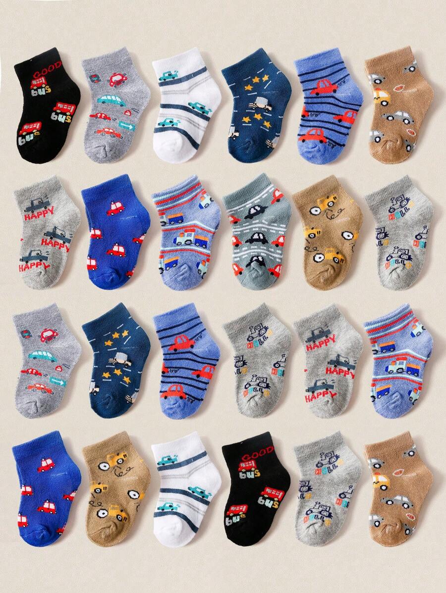12pairs Kids Boys Cartoon Car Pattern Colorful Comfortable Crew Socks, Random Style Assortment, Suitable For Children's Day Gift And Daily Wear
