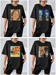 Custom Pixelated Design Printed On The Front Of Women's Loose Crew Neck Short Sleeve T-Shirt - Black - View 2