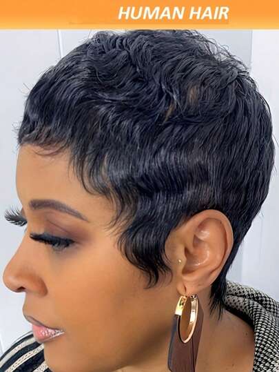 女士短款精灵短发假发，带刘海，自然黑色，150% 密度真人头发，短层次短款，机器制作，女士无蕾丝假发