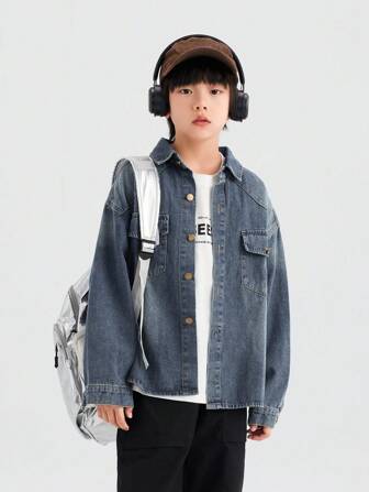 zosee Kurtka dżinsowa dla chłopców w średnim odcieniu spranego dżinsu, koszula w swobodnym stylu ulicznym, prezent na Halloween