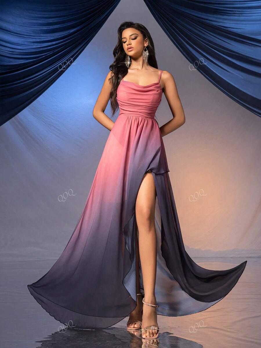 Ombre High Slit Bridesmaid Dress With ZipperBack & Pleated Details for