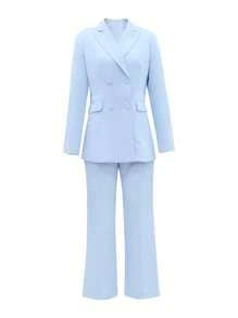 Spring & Fall Solid Color Notched Lapel Double-Breasted Pocket Straight Leg Suit Pants - Blue - View 2