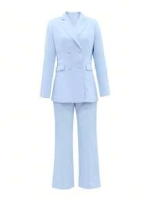 Spring & Fall Solid Color Notched Lapel Double-Breasted Pocket Straight Leg Suit Pants