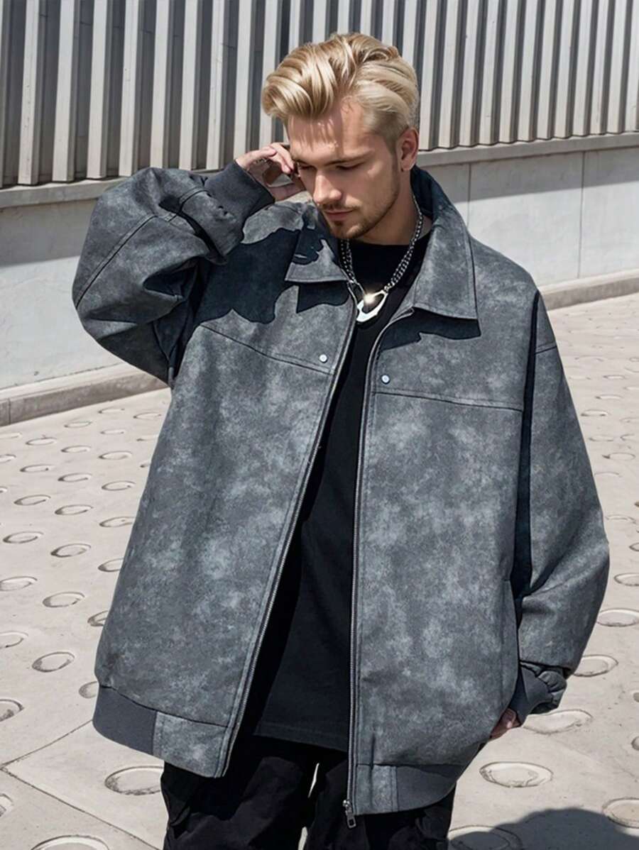 Men's Autumn New Loose Retro Punk Leather Jacket With Lapel - Grey - View 1