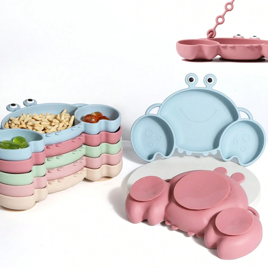 1 pieza Plato de silicona con forma de cangrejo y ventosa, vajilla antiderrame para bebés y niños pequeños, apta para lavavajillas - Multicolor - Ver 1