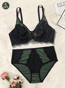 Women Plus Size Unlined Underwire Bra Set Contrast Color Olive Green Lingerie Set - Olive Green - View 3