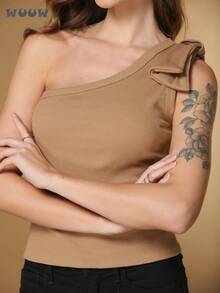WUUW Women's Fashion Solid Color One Shoulder Slim Fit Top, Asymmetrical Neckline Short Sleeve T-Shirt - Lạc đà - Xem 3
