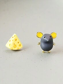 1 pereche asimetrică ureche galbenă șoarece fură brânză distracție desene animate cercei cadou