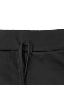 2pcs/Set Contrast Color Print Patchwork Long Sleeve Top And Elastic Waist Long Pants - Black - View 8