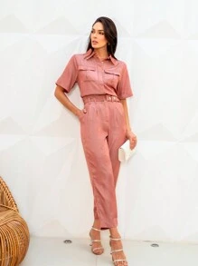 Tailored Set With Short Sleeve Shirt And Carrot Pants - Sophistication And Comfort - Màu Cam san hô - Xem 6