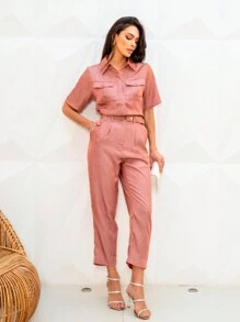 Tailored Set With Short Sleeve Shirt And Carrot Pants - Sophistication And Comfort - Màu Cam san hô - Xem 5