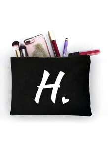 Letter Print Patchwork Women's Makeup Bag, Black Small Size, Letter A-Z, Makeup Bag, Portable Toiletry Bag, Reusable Makeup Bag, Women's Simple Large Capacity Travel Makeup Bag, Earphone, Ls - Black - View 20