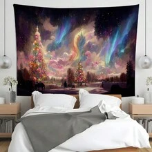 1 件彩色圣诞挂毯；圣诞涤纶挂毯，带圣诞树印花；彩色星空风景大气古典房间墙壁装饰冬季街道圣诞景观，温馨节日派对挂毯，圣诞礼物 - 彩色 - 查看 3
