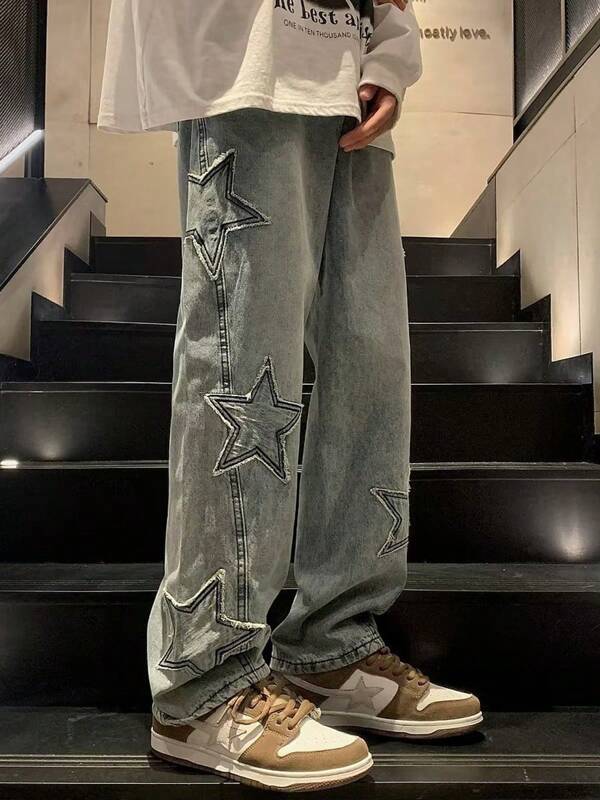 Vaqueros rectos para hombre Star Fringe Design Hip Hop Punk Style Jeans Fashion Loose