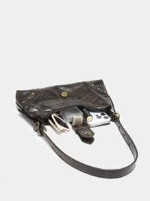 1 Stück vintage Damen-Schultertasche aus weichem, abgenutztem Leder mit Leopardenmuster und Nieten-Dekor, geeignet für Arbeit, Pendeln, Dates, Partys, Y2K-Stil, 2000er-Jahre Mode