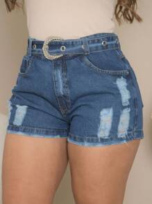 Short Jeans With Iron Buckle - 中等水洗藍 - 查看 3