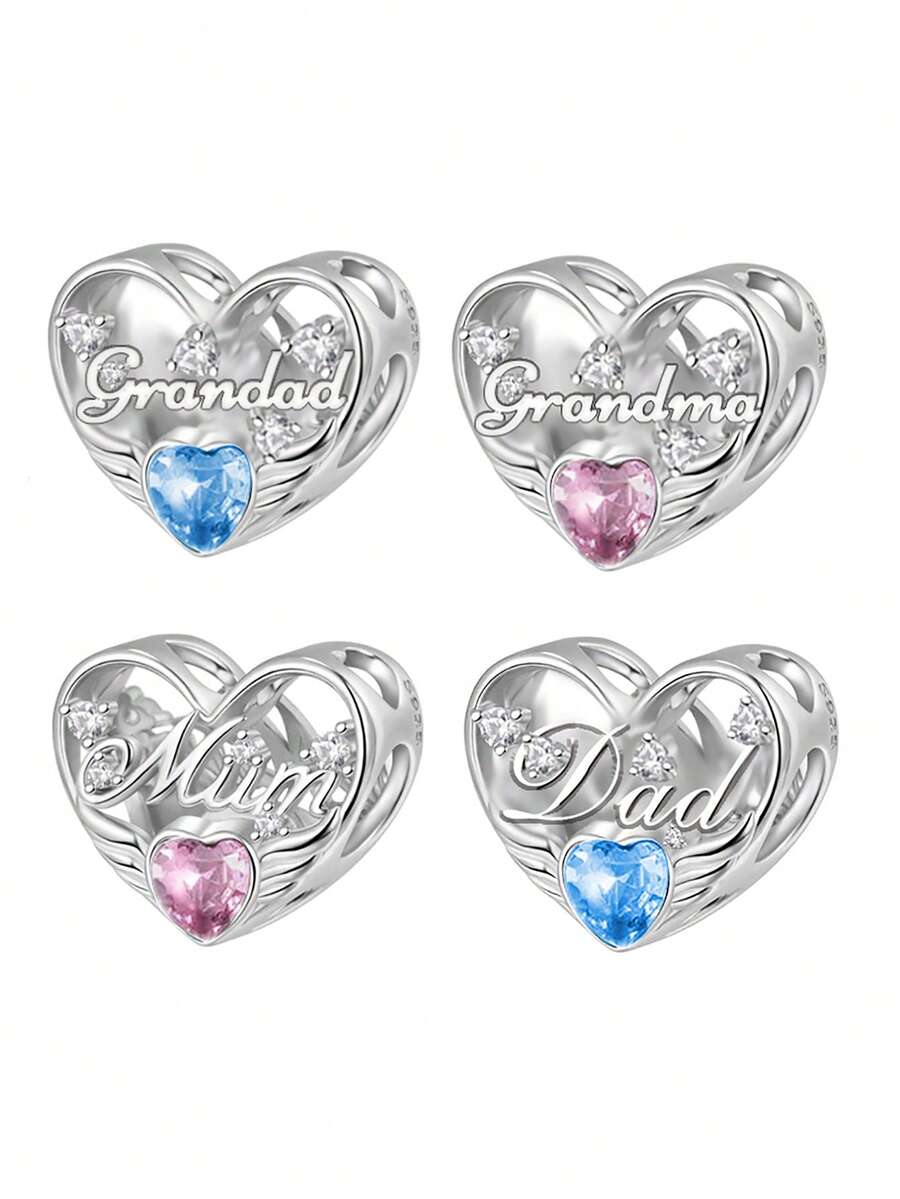 1個溫馨925純銀心形&字母設計家庭diy吊墜珠,生日週年紀念禮物